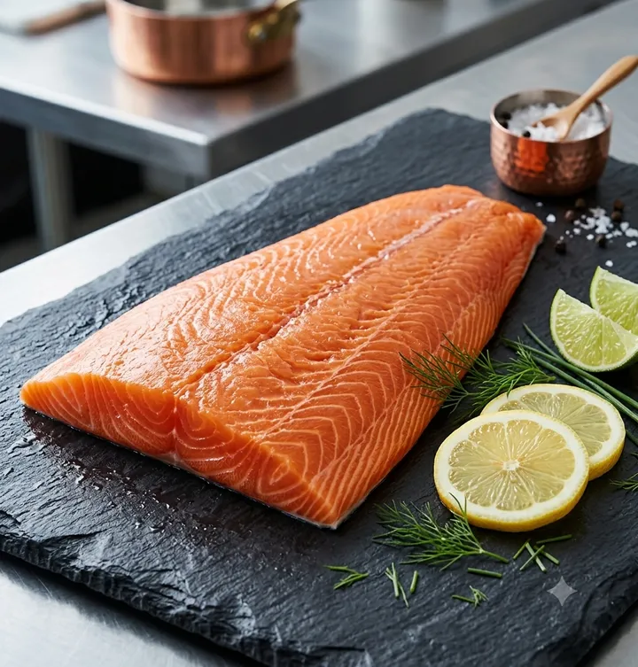 Fresh Atlantic salmon fillet, skin-on, on slate