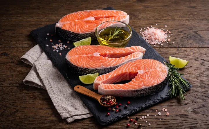 Fresh Atlantic salmon steaks, cross-cut