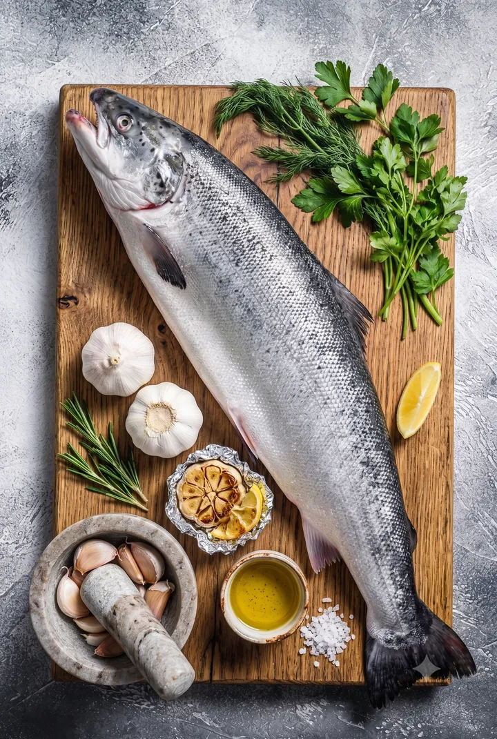 Whole fresh Atlantic salmon with herbs and lemon